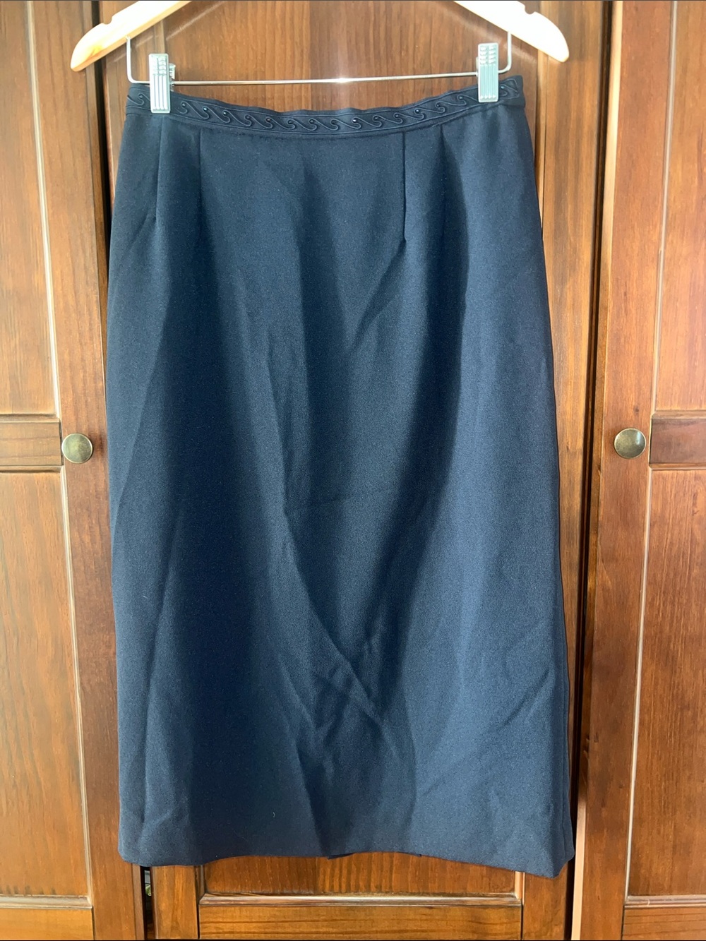 Vintage Adrianna Papell Navy Beaded Waistband Midi Skirt Lined